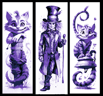 conjunto of 3 marcadores gato enojado sombrerero alicia in mundo maravilloso by recuerdos mclanes arte 2d libro marca marcador pagina púrpura forja sombreros 3d print model - Mito3D