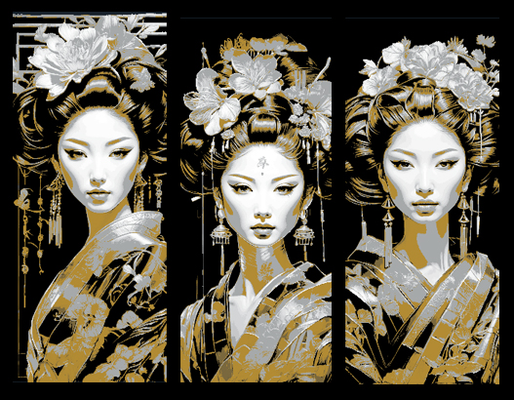 ensemble of 3 signets d'or geisha trésor orient by souvenirs mclanes art 2d asiatique forge chapeaux marque marqueur signet livre beauté japon 3d print model - Mito3D
