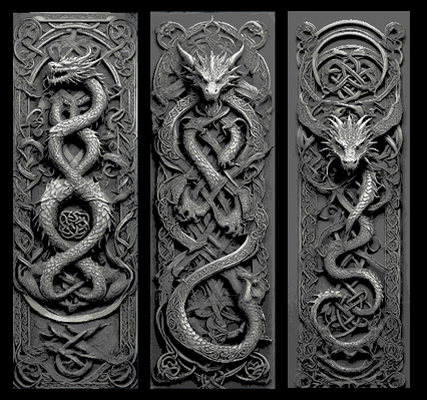 celtique dragon nœud dessins ensemble of 3 signets by souvenirs mclanes art 2d noeuds irlande irlandais nouage marqueur marque livre signet forge chapeaux 3d print model - Mito3D