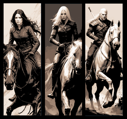 set of 3 fan art bookmarks - witcher geralt rivia ciri yennefer on horseback by mclanesmemories 2d book mark marker bookmark hueforge warrior 3d print model - Mito3D