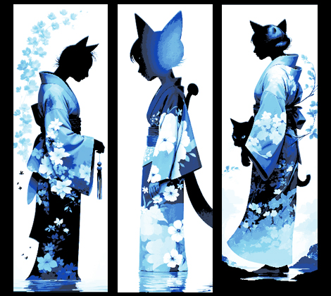 ensemble of 3 signets asian art conception ombres bleu kimono chat personnages by souvenirs mclanes 2d orient asiatique chaton ombre soulagement livre marque marqueur signet forge chapeaux 3D print model - Mito3D