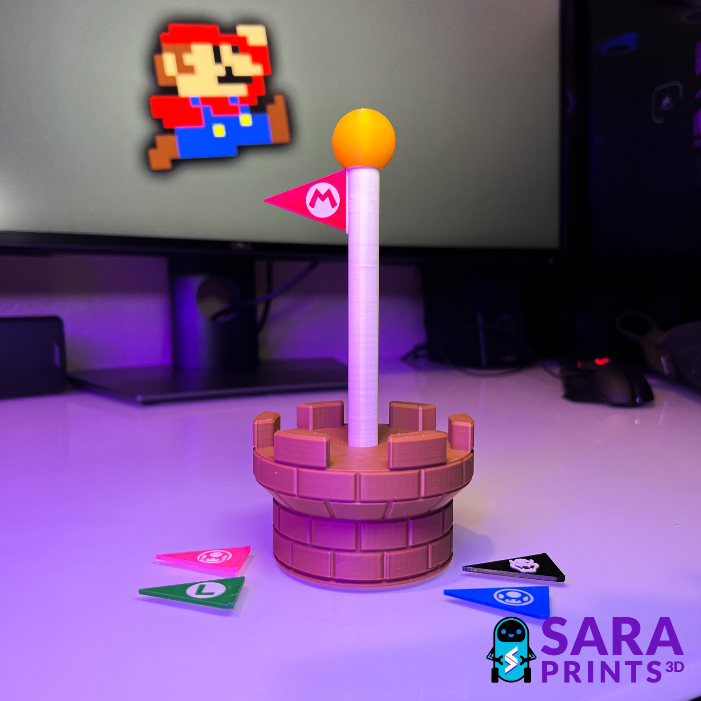 super mario goal pole mechanical model by sara prints 3d toys & games flagpole flag bowser luigi nintendo toad toadette 3D print model - Mito3D