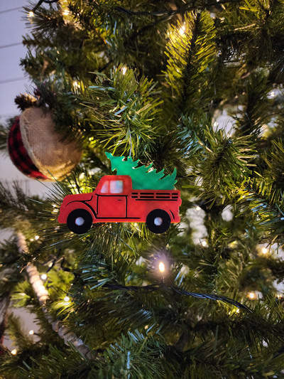 red truck haulin' a christmas tree ornament by v3t3d designs household decor collection pla multi color print printing hauling 3d print model - Mito3D