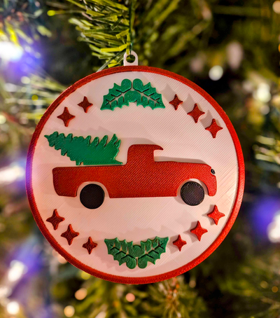 red truck hauling a christmas tree - ornament by jf-699 household festivities xmas 2023 ornamanet tuck tiktok ornaments festive multi color print 3d print model - Mito3D