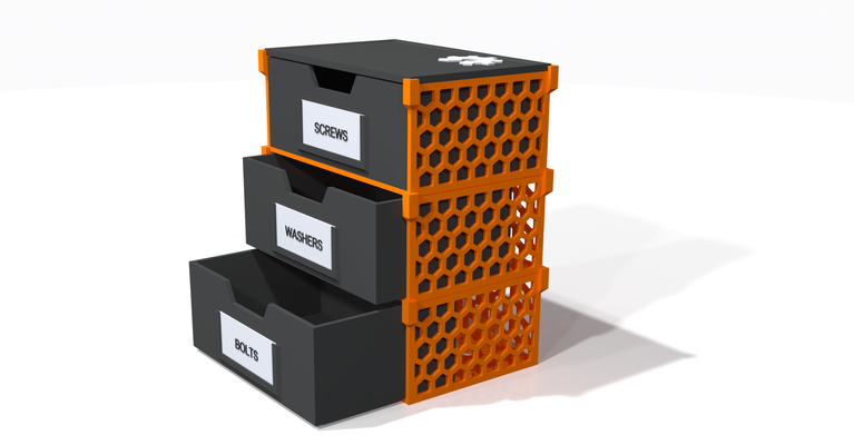 modular system drawers labels by trigger737 tools organizers modularbox hex hexdesign hexagon orange drawer box organise organiser bolt screw label stackable storage storagebox 3d print model - Mito3D