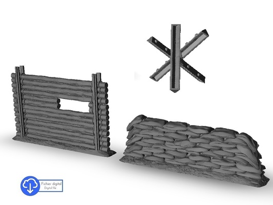 conjunto of barricadas ouriço madeira sacos areia alfinete arquitetura 3d print model - Mito3D