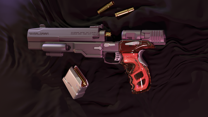 cyberpunk 2077 maloriano brazos 3516 réplica johnny mano plata forma alfiler pistola 3d print model - Mito3D