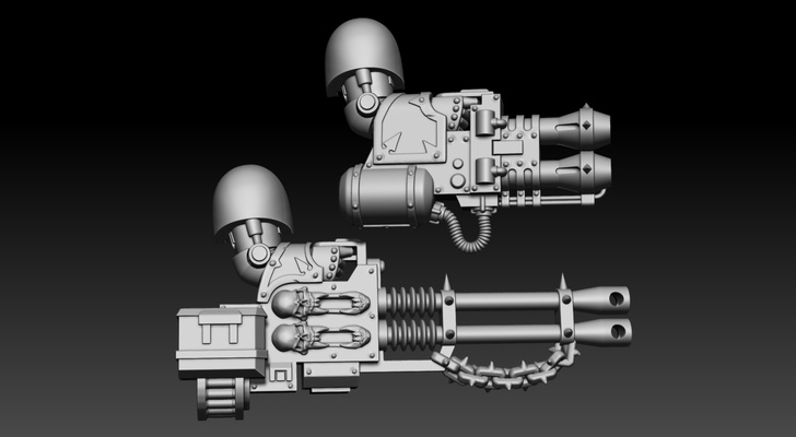 2 mani cannone automatico mietitrice pesante lanciafiamme forma spillo guerra 3d print model - Mito3D