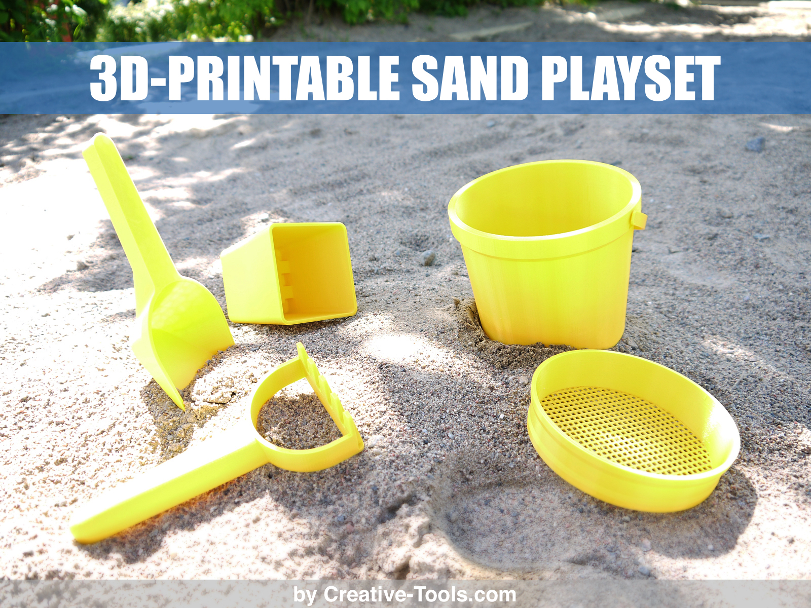 3d-printable sand play set pinshape sieve grovel sculpture kids sandbox vacation park holiday sea scoop strainer pail toys toy play-set playset summer beach mold sandcastle sifter rake shovel bucket 3D print model - Mito3D