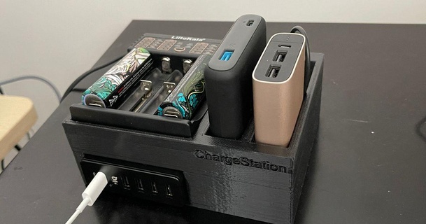 desktop charging station - fits anker 5 port charger 18650 battery 2 drawers power banks etc 365lyf 3D Models Gadgets Portable Devices 3d print model - Mito3D