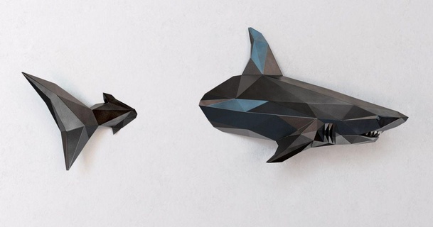düşük poli duvar Köpekbalığı voksel 3D modeller Sanat tasarım Wall mounted hayvan duvara monte 3d print model - Mito3D