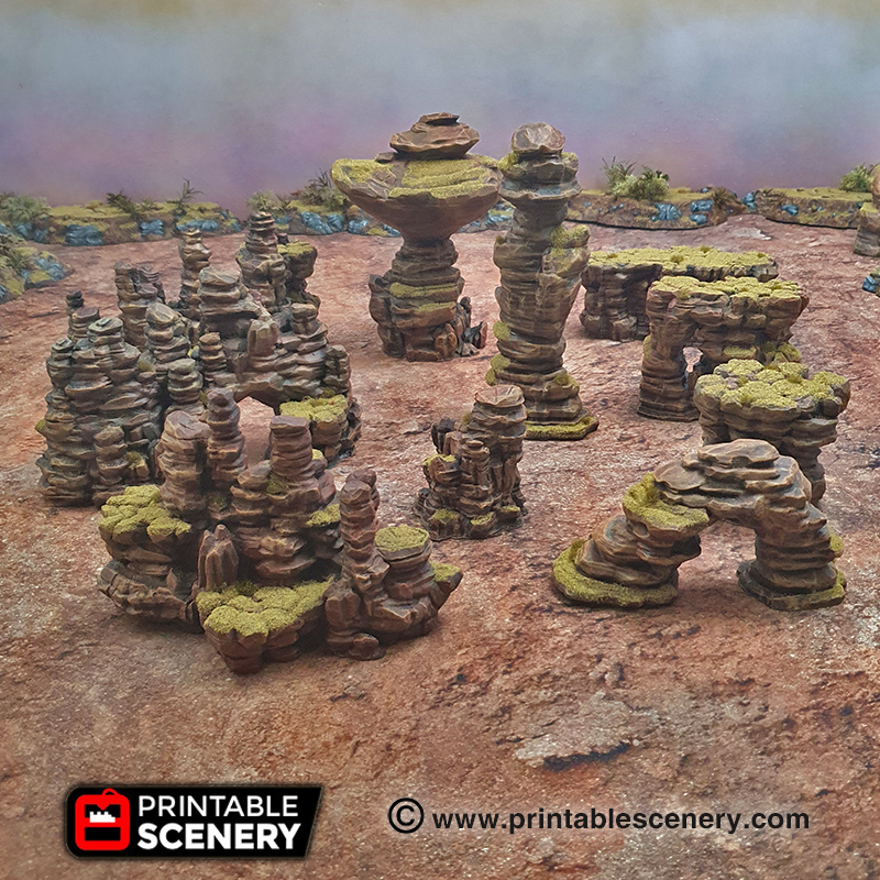 canyon rocce stampabile scenario aereo Scenario set è composto 10 formazioni rocciose 3 cresta linee altipiani torri roccia raccordo pezzo multilivello piatto aree in miniatura posizionamento ambiente sci fi fantasy ambientazione storica wargame 3D print model - Mito3D