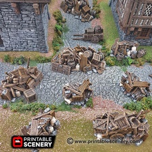 clorehaven barricades - printable scenery airplane Scenary set scatter terrain pieces including barrels buckets crates sacks wooden cart providing cover objectives tabletop skirmish role-playing games 3d print model - Mito3D
