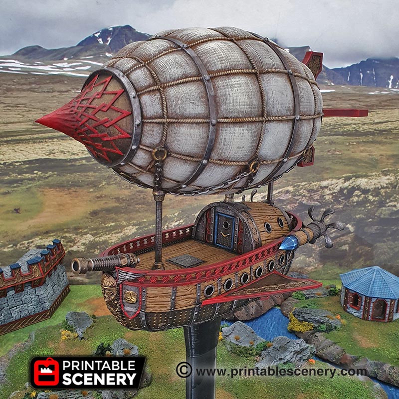 dwarven airship - printable scenery airplane Scenary fantasy-themed flying ship designed use tabletop role-playing games included zip file separate deck layouts cannons hinged doors mounting stand decks can used simulate movement within version small printers 3D print model - Mito3D