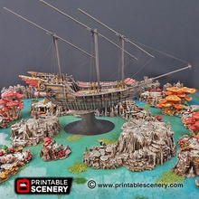 flying dhow - printable scenery airplane Scenary fantasy ship conversion included zip file interior fittings barrels boxes cannons rigging clips mounting stand switch supports touching build-plate avoid stringing hull rig check guide dowel black elastic string 3d print model - Mito3D