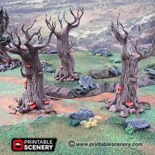 gloomwood trees - printable scenery airplane Scenary scatter terrain can used role playing table top war games non-base version requires build supports touching base plate while rocks do not 3d print model - Mito3D