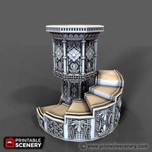 pulpit airplane Scenary cathedral two-piece model pack containing itself stairs reach stairwell has been designed fit 25mm square base along pews completes interior furniture have rpg villains look down heroes heights serve backdrop fierce firefight within building 3d print model - Mito3D