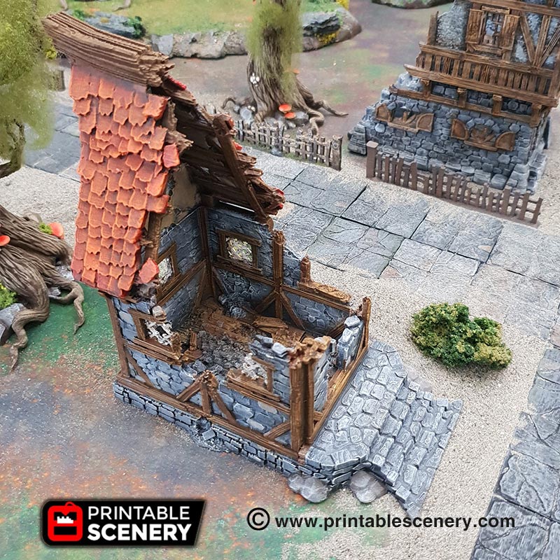 ruiné petit chalet imprimable paysages l'avion Scène petite maison médiévale style bâtiment conçu table jeux rôle fantasy historique idéal escarmouche immeuble facile d'accès murs cassés mini placement zones combat couverture 3D print model - Mito3D