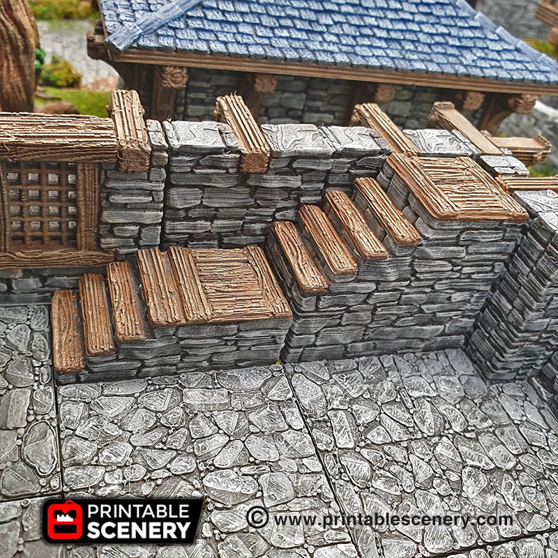 pedra rústica madeira escadas printable cenário avião Cena pack escada azulejos níveis rpg mesa jogo miniatura colocação espiral utilizar espaço edifícios clorehaven construção cidade telhas compatível openlock produtos download fúria base dados pacote gratuito versão recente clipe montar guias montagem 3D print model - Mito3D