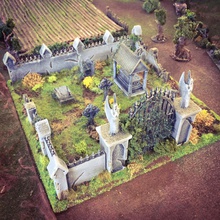 winterdale cemetery airplane Scenary constructed modular walls 50mm x corners 100mm long sections file pack also includes all headstone tomb elements shown models can printed without supports minimal clean up buildings designed glued placed together 3d print model - Mito3D