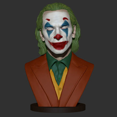 joker - joaquin phoenix busto listo para imprimir en 3d del modelo un alto nivel de detalle imprimibles bustostl, obj ztl archivos incluidos3 opciones resolución baja alta tris muy quad detalleztl incluye la versión colorpor defecto el tamaño 15 cmready impresión 3D print model - Mito3D