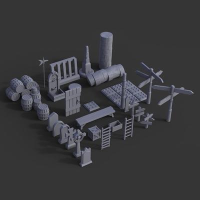 medieval props pack - wargaming 3d print model ready printingthis includes 2 poles signs 3 1 pole sign weapon holder alberd trap tile x9 column block broken fountain 6 gravestones monument ladders door bench wooden boxes barrel sets barrelsplease check my profile individual packs 3D print model - Mito3D