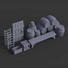 wargaming wood props pack print ready 3d model printingthis includes 2 ladders 1 door bench wooden boxes barrel sets barrelsplease check my profile other full medieval which set among many others 3d print model - Mito3D
