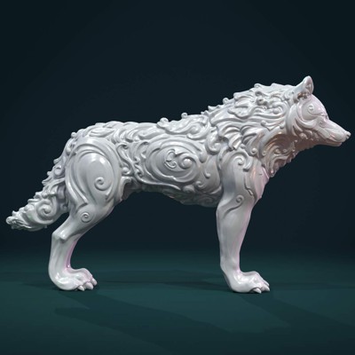 wunderbar wolf, druckfertige 3d Modell wolf figuremeasure Einheiten Millimeter 10 cm HöheNetz-Verteiler keine Löcher schlechte zusammenhängenden Kanten, invertierten Gesichterzwei Versionen lieferbare 1 ww solide Mischung stl obj fbx 935110 dreieckige Gesichter2 hohl 967292 GesichterWand-Dicke hohle version 2 mm vier öffnungen gelegt, die Pfote Basen 3D print model - Mito3D