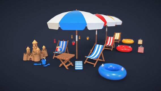 plaj paketlemek satın almak telif Bedava 3d model andrii sedikh andrisisedykh Kova kale sırt çantası şemsiye okyanus kum masa yaz kürek yüzmek tırmık karikatür sandalye stilize top yüzük deniz 3d print model - Mito3D