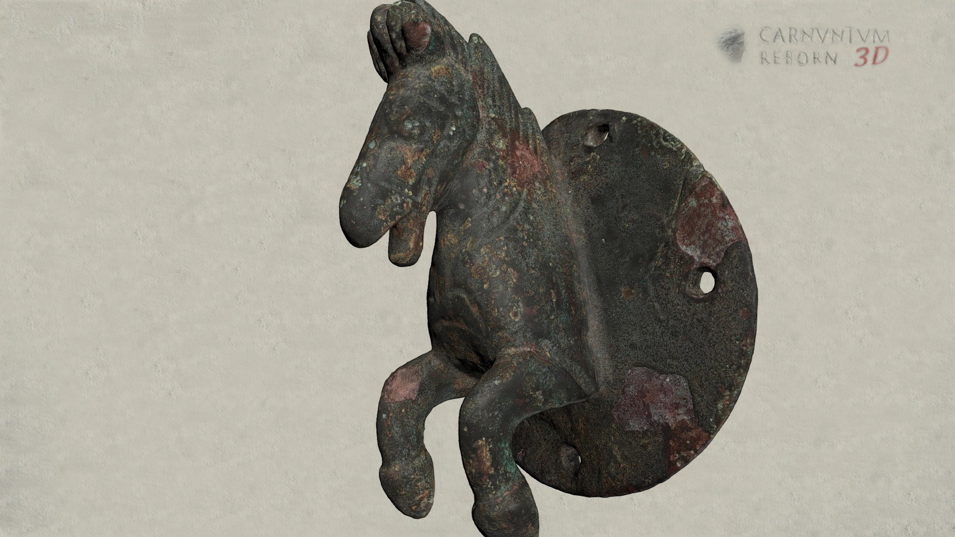 beschlag - 3d model noe-3dat wwwnoe-3dat 659b08f round fitting horse protomes plate has 5 rivet holes shown short jagged mane head strap connections bridle can seen bronze dm 4 9 cm landessammlungen nieder sterreich 3D print model - Mito3D