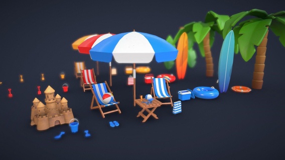 büyük plaj paketlemek satın almak telif Bedava 3d model andrii sedikh andrisisedykh ağaç şapka Kova kale avuç içi soğutucu sırt çantası şemsiye kum masa Güneş gözlüğü terlik sörf tahtası kürek yüzmek tırmık cankurtaran simidi güneş kremi karikatür sandalye düşük poli araba stilize top yüzük 3d print model - Mito3D