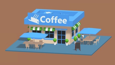 karikatür Kahve Dükkan kafe satın almak telif Bedava 3d model Philip fırtına xingyun777 bar restoran dış köşe Kahverengi halka açık güneş şemsiyesi kahve dükkanı oyun düşük poli 3d print model - Mito3D