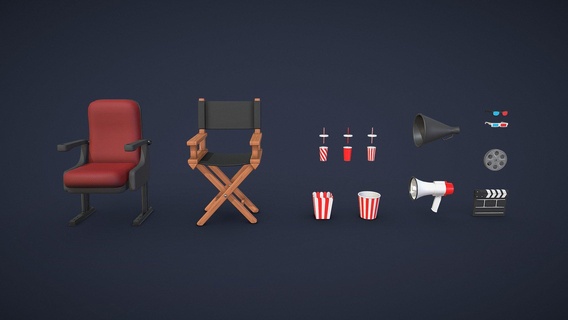 cinema pack - buy royalty free 3d model andrii sedykh andriisedykh drink film armchair set reel director soda glasses old movie popcorn megaphone clapperboard popcornbucket cartoon lowpoly chair cup 3d print model - Mito3D