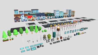 city town pack - buy royalty free 3d model pandazole buildings road company road-sign city-building cartoon lowpoly building street small-town 3d print model - Mito3D