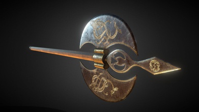 double-bladed axe texturing challenge - download free 3d model katrin701 67753b4 texuring sketchfab original available under cc0 public domain license https sketchfabcom 3d-models decorative-double-bladed-battle-axe-f0bfbca7a2804efd9cf77fd0f5a806aa arms museum 3d print model - Mito3D