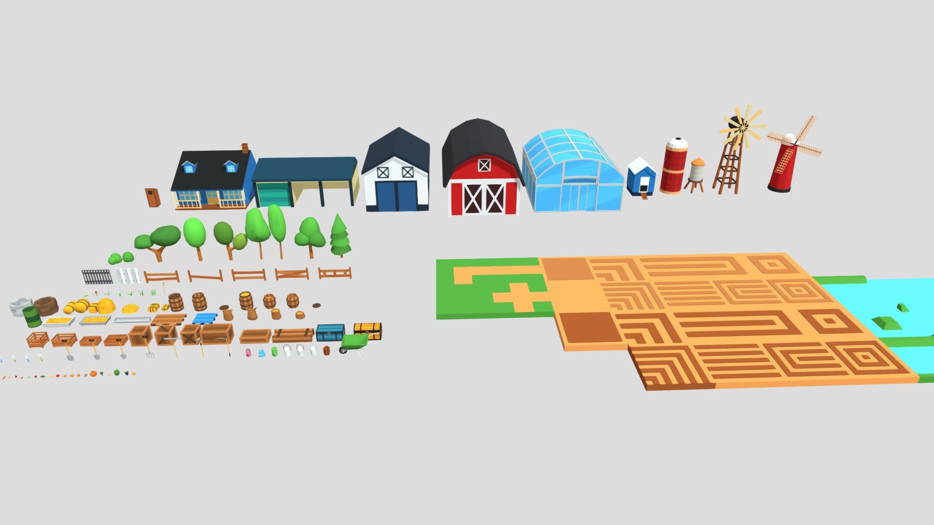 azienda agricola ranch lowpoly pacco acquistare royalty gratuito 3d modello pandazolo fienile bodyscan vegetazione serra frutta contadino attrezzo mulino vento agricoltura barriera corallina verdure Grano low poly 3D print model - Mito3D