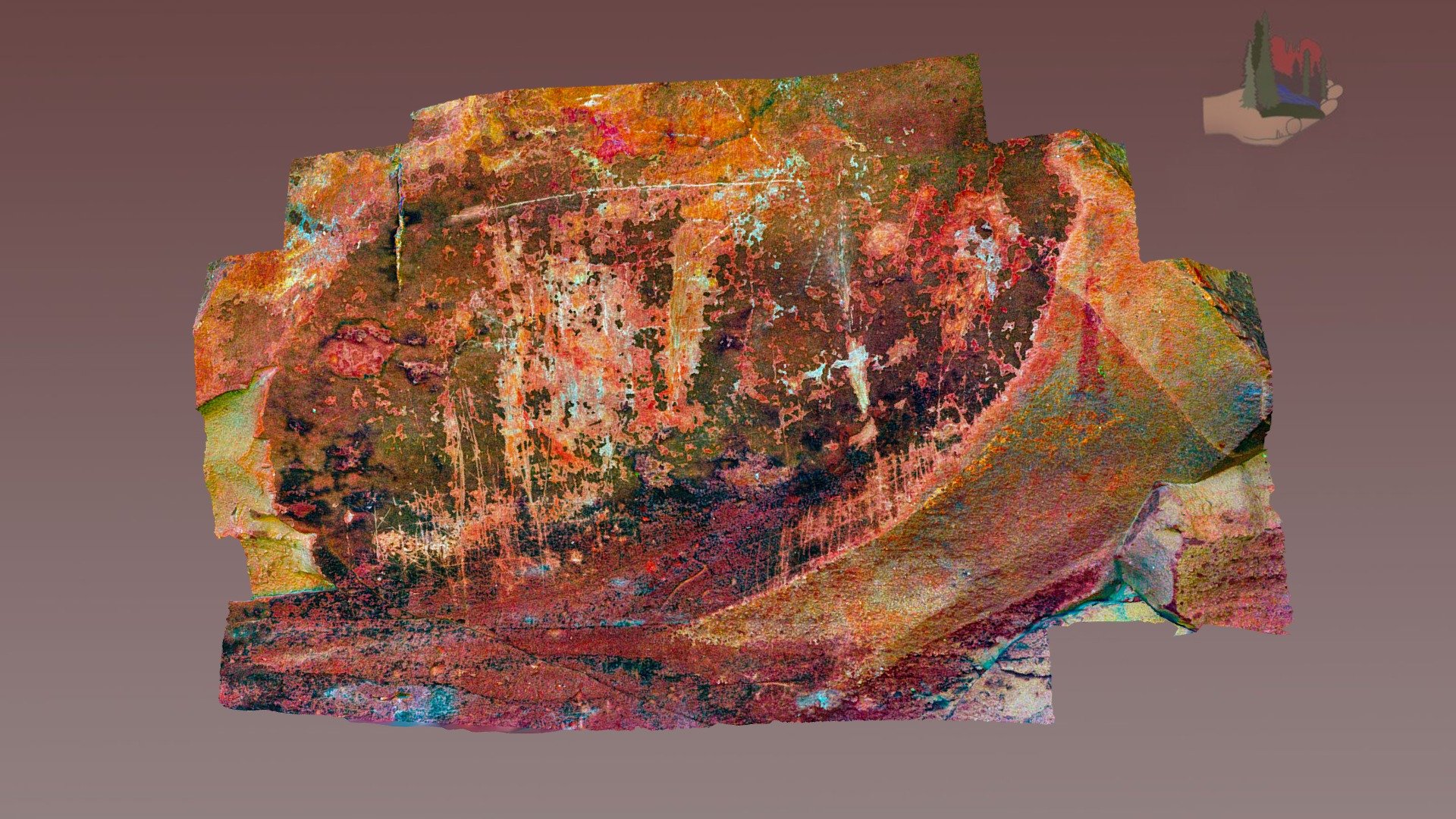 fs1859lab palatki grotto panel 1 dstretch lab - 3d model fofsedona a270191 small portion complex series possible archaic petroglyphs pictographs superpositioning over possibly older pre-archaic superimposed later sinagua apache imagery uses same input photographs used fs1859 but they have been processed algorithm enhance color variations determining types paint superposition part ongoing project evaluate younger petroglyph scratching additional information red rock district coconino forest can found following web sites http wwwsedonaredrocktrailsorg wwwfsusdagov recmain recreation volunteer opportunities including creation models other projects wwwfriendsoftheforestsedonaorg 3D print model - Mito3D