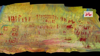 gaora halagana iii funeral watch - 3d model alessandro menardi noguera ac39778 composition eastern wall halagana-iii cave includes scene dead woman lying carpet surrounded her loved ones upper right corner panel made famous worldwide because postage stamp top reproduced one bailloud&rsquo s surveys 1957 significantly titled veill e fun bre popularized most important being key orderly narrative which revealed clearly merely labelling different scenes taking place outskirt village women children shown near their huts working grindstone mortar busy conversations upper-middle drum player making warriors clan dancing honour matriarch touching each other should traditional way expressing condolence geometric motifs left known labyrinth likely represent tribal emblems processed dstretch crgb 3d print model - Mito3D