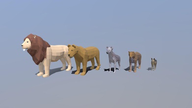 low poly african predators - buy royalty free 3d model chroma3d vendol21 f18ae71 animals modeled prepared low-poly style renderings background general cg visualization presented 5 meshes quads only cartoon lion verts 842 faces 840 female 762 760 hyena 832 830 leopard 1096 1066 jackal 976 974 all models have simple diffuse colors please note hyean texture uvmaps 2 lions no rig original files created blender you receive 3ds obj fbx blend dae stl preview images were rendered cycles product ready render out-of-the-box lights cameras included file clean alone other provided centered origin real-world scale 3d print model - Mito3D