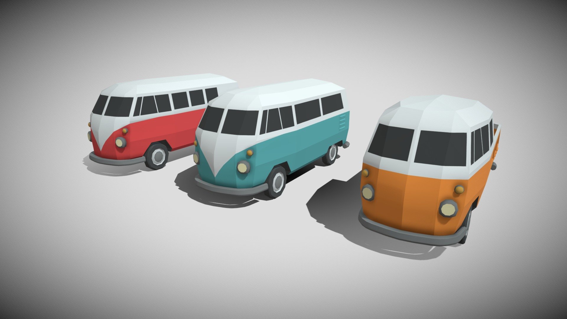 low poly vw t2 vans - comprar royalty free 3d modelo scailman ff5ea49 pack de três clássico lowpoly estilo uso comum 64x64 pixel da textura formatos arquivo obj + mtl fbx 3D print model - Mito3D