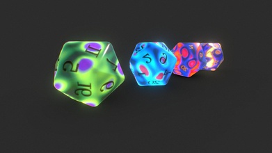 magic d20 dice set - buy royalty free 3d model steele steelefrau 6dd4787 seams only visible preview subdivision smoothing friendly low poly game ready procedurally generated textures 4 colour design choices 4k pbr materials 3d print model - Mito3D