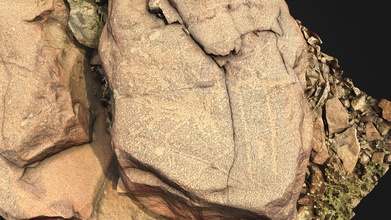 petroglyph j3 khatm al melaha kalba sharjah - download free 3d model global digital heritage globaldigitalheritage ba5fe2c figure man right destroyed petrglyph left spectacular archaeological site coast oman sea near uae one largest rock art sites there also neolithic-style stone houses shell midden tombs other features date has having occupations least early holocene 19th century over 175 stones petroglyphs were documented close 400 motifs identified every glyph given id number gps coordinate total 25455 terrestrial photographs 5244 drone 44 videos 182 points + 1cm done single day all processed reality capture 3d print model - Mito3D