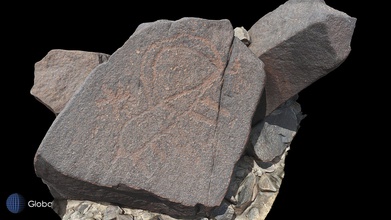 petroglyph n19 khatm al melaha kalba sharjah - 3d model global digital heritage globaldigitalheritage bf73873 nubian ibex sun symbol above back likely neolithic 5th-4th millennium bce fossati 2019 messages past rock art al-hajar mountains oman spectacular archaeological site coast sea near uae one largest sites there also stone houses shell midden tombs other features date has having occupations least early holocene 19th century over 175 stones petroglyphs were documented close 400 motifs identified every glyph given id number gps coordinate total 25455 terrestrial photographs 5244 drone 44 videos 182 points + 1cm done single day 3d print model - Mito3D