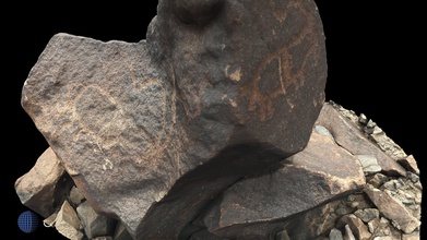 petroglyph n22 khatm al melaha kalba sharjah - download free 3d model global digital heritage globaldigitalheritage fcfc20c nubian ibex two apposing panels likely neolithic 5th-4th millennium bce fossati 2019 messages past rock art al-hajar mountains oman spectacular archaeological site coast sea near uae one largest sites there also stone houses shell midden tombs other features date has having occupations least early holocene 19th century over 175 stones petroglyphs were documented close 400 motifs identified every glyph given id number gps coordinate total 25455 terrestrial photographs 5244 drone 44 videos 182 points + 1cm done single day 3d print model - Mito3D