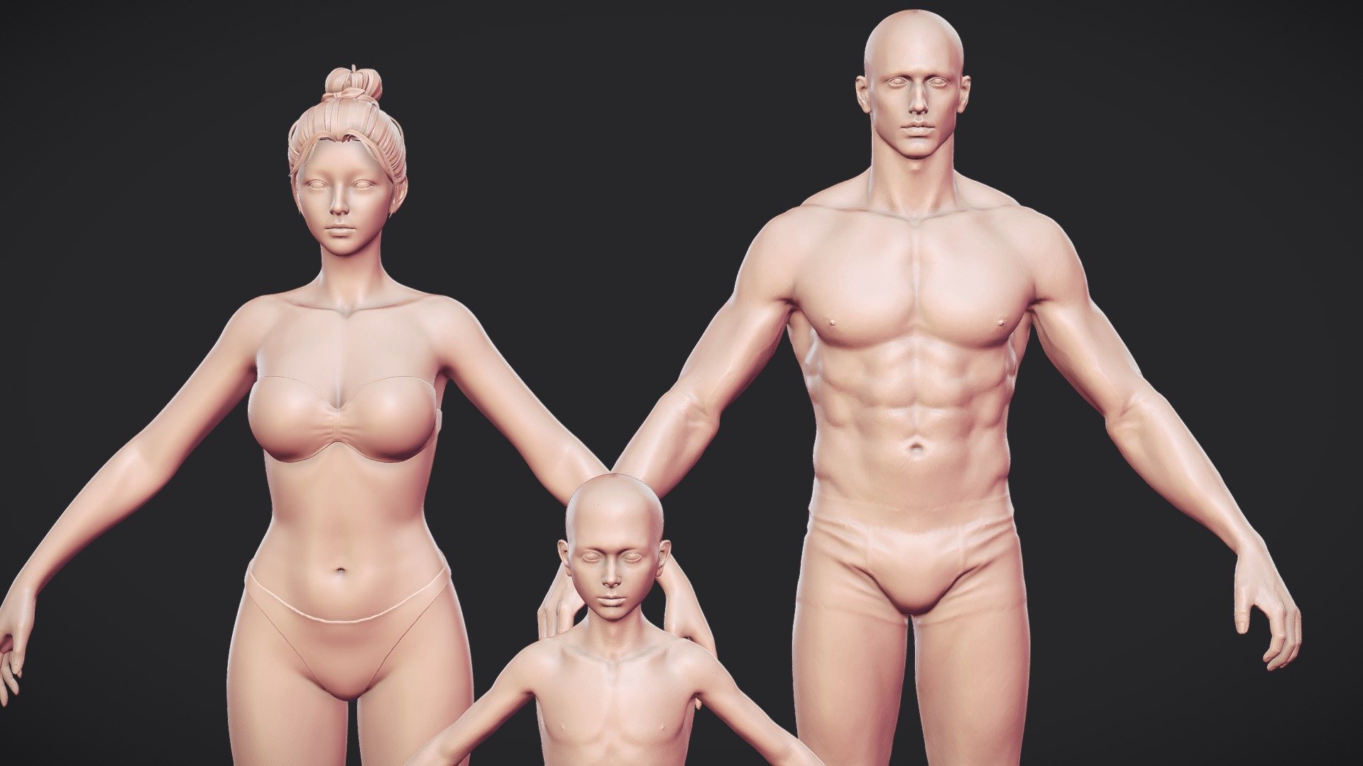 realistic 3 characters man woman anatomy - buy royalty free 3d model vincent vincentpage base anatomy basemesh child young realistic woman anatomystudy anatomy-reference anatomy-human character girl model man human highpoly guy  3D print model - Mito3D