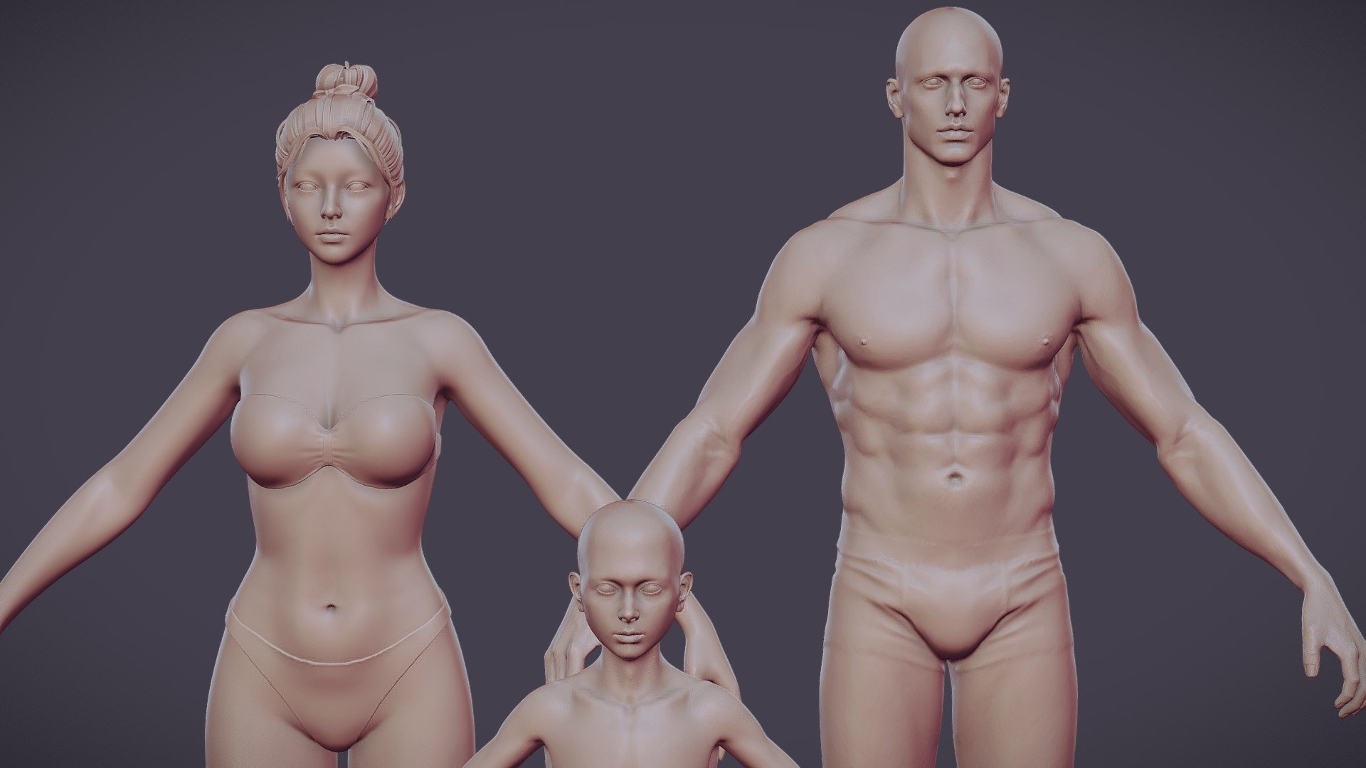 realista 3 personagens homem mulher criança highpoly Comprar realeza livre 3d modelo Vincent Page base anatomia basemesh jovem estudo anatomy reference human personagem 3D print model - Mito3D
