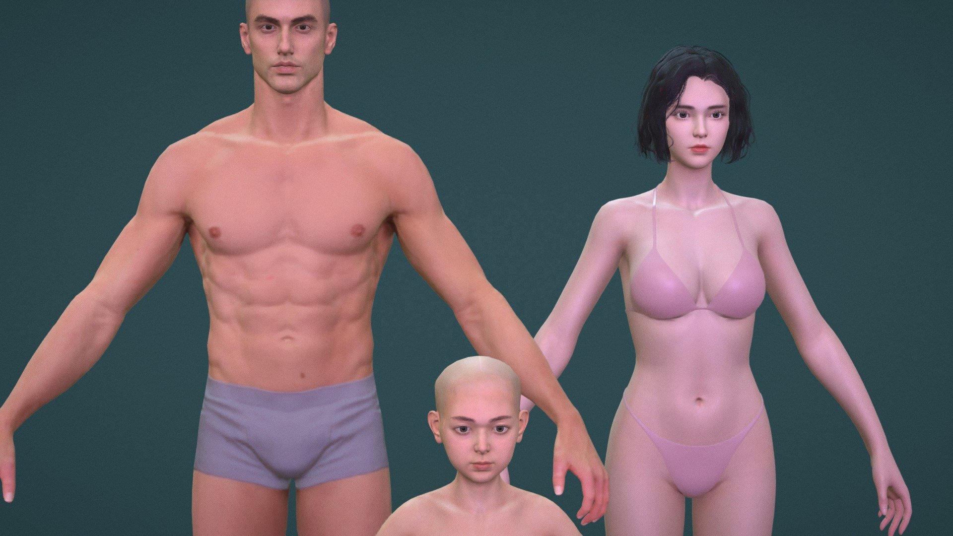 realistic 3 characters man woman game assets - buy royalty free 3d model vincent vincentpage base anatomy mesh boy basemesh child anatomy-human character girl asset lowpoly female human male guy 3D print model - Mito3D