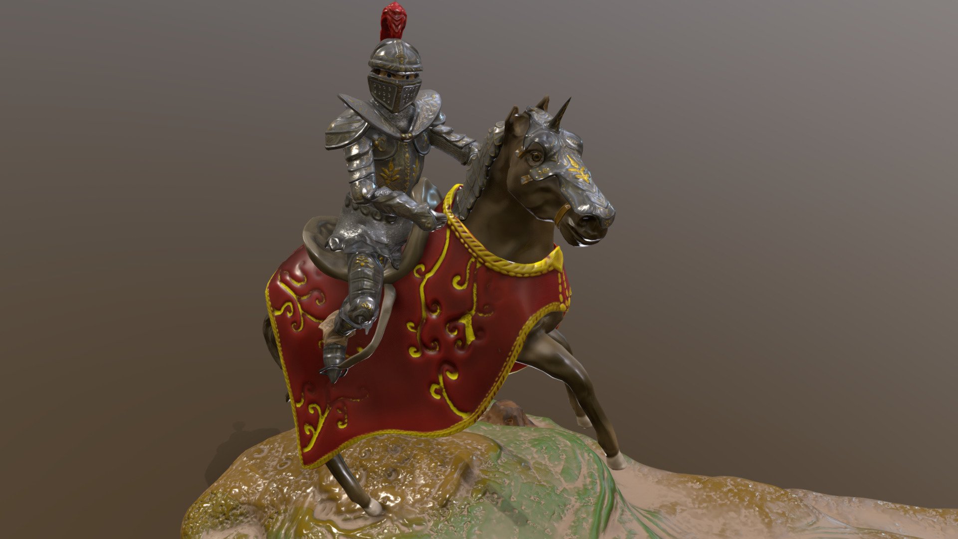 chevalier royal horse - modèle 3d kyle banford kyool 3fa4ab5 monté sur son fidèle destrier toute la scène a été entièrement créé zbrush composé de seulement 3 uv différents modèles les deux personnages ont truquées, mais à fois loin game ready malheureusement, mon ordinateur n'est pas jusqu'à priser rigging, skinning 3dsmax malheureusement crash aussi, futures mes compétences se sont améliorées j'&rsquo ll assurez-vous retour améliorer toujours possible carreaux textures 4k 3D print model - Mito3D