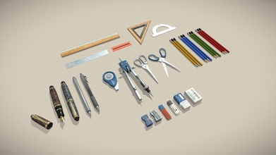 school supplies mega pack low-poly 3d model - buy royalty free 3ddisco office pencil triangle scissors pen tools college education ruler eraser sharpener protractor divider office-supply corrector school-supplies 3d print model - Mito3D