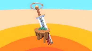 sword pierces earth - download free 3d model wormsnack 2567eb5 image description diorama set floating hemisphere sand dunes large stylized piercing ground makes contact there bushes comes out bottom rusted bloody ring around pommel rotates slowly background made bands color going deep orange blue top wounded land place violence has bloodied very itself yet scab leaves grow forth rest here while heal 3d print model - Mito3D